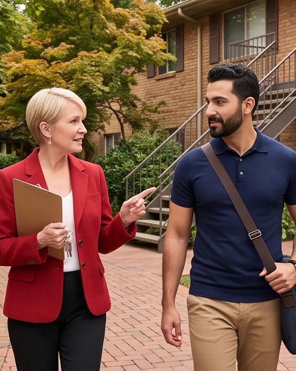 A CLASS leasing specialist in the signature red jacket walking a prospective resident through the Maple Valley community