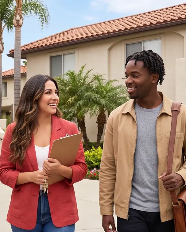 A CLASS leasing specialist in the signature red jacket touring a prospective resident around a garden-style apartment community