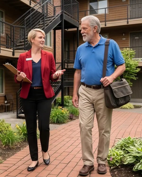 A CLASS leasing specialist in the signature red jacket walking a prospective senior resident through a garden-style community