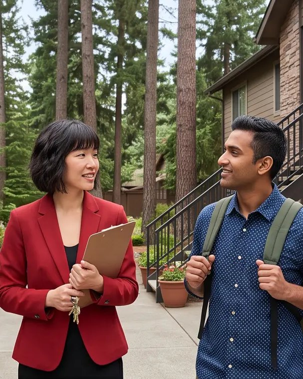 A CLASS leasing specialist in the signature red jacket showing a student around The Pines community